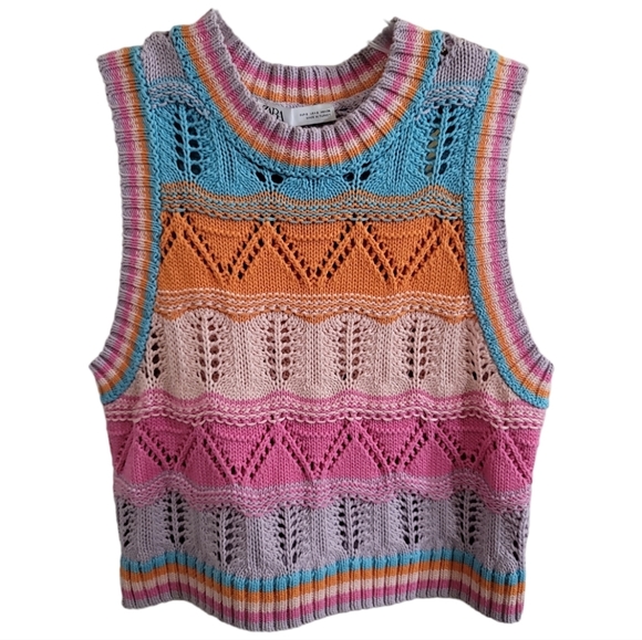 Zara Multicolor Pastel Stripe Crochet Open Knit Cropped Sleeveless Top Small - Picture 3 of 7